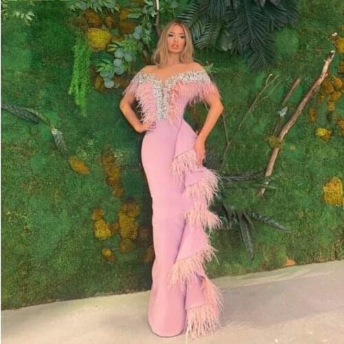 Gorgeous Evening Dresses robes de soirée Ostrich Prom Dress Peplum Beads abendkleider Pink Sheath Evening Dress vestido de festa