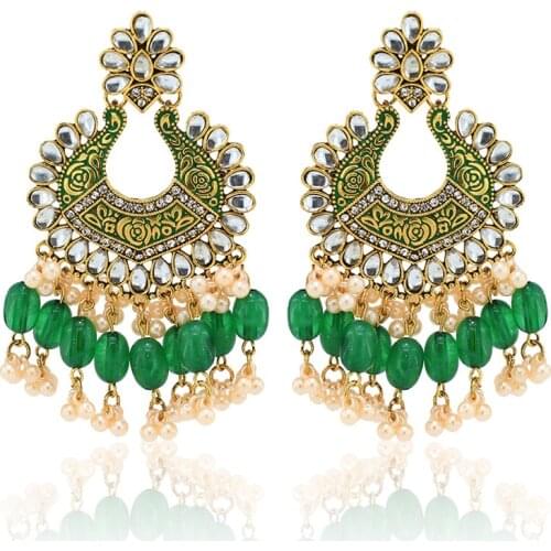 2021 Ins Indian Jhumki Jhumka Handmade Beads Embossment Flower Green Beads Piercing Bohemia Earrings Vintage Women Party Jewelry