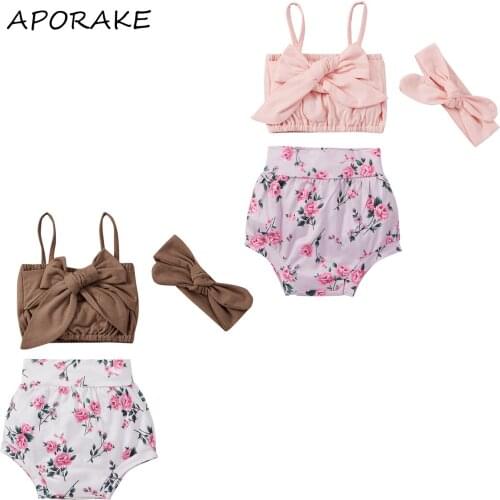 2021 0-24M Cute Newborn Summer Baby Girl Clothing Solid Color Spaghetti Strap Boat Neck Tube Top with Bowknot+Floral Shorts 3pcs