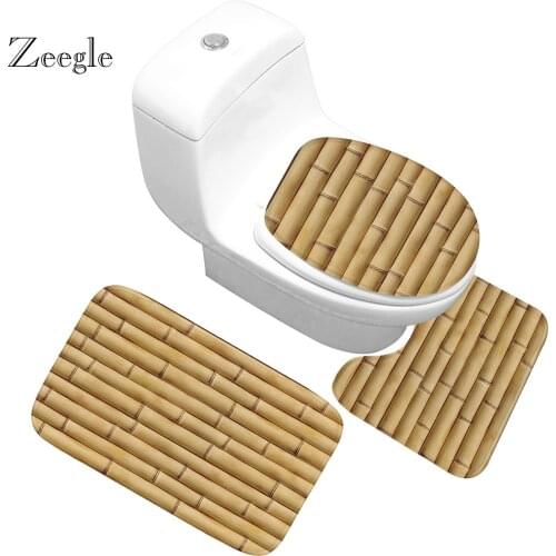 Zeegle 3pcs Wooden Printed Toilet Mat Bathroom Carpet Flannel Bathroom Rug Set Anti-slip Bathroom Mats and Rugs