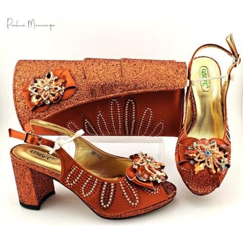 African 2021 Newest Italian Design Fashion Rhinestone Decoration Style Women Shoes and Bag Set in Orange Color for Party Wedding