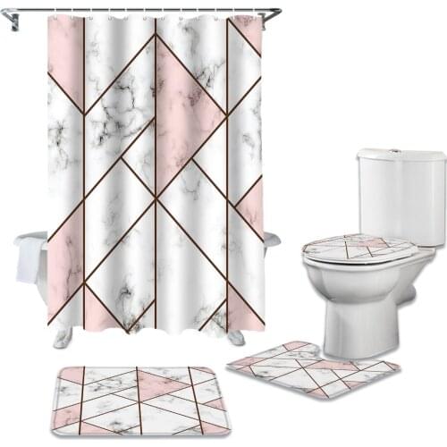 White Marble Texture Pink Triangle Print Shower Curtain and Bath Rugs Set Modern Bath Curtains for Bathroom Home Decor