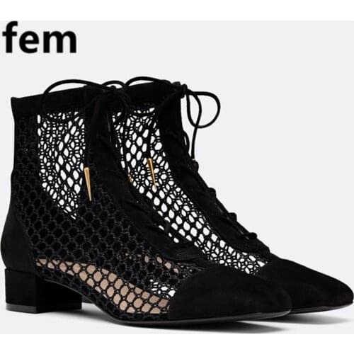 Boots Women Mesh Botas Summer Shoes For Women Sexy Cross Tied Fashion Fisherman Ankle Boots Zipper Chunky Heels Comfortable Low