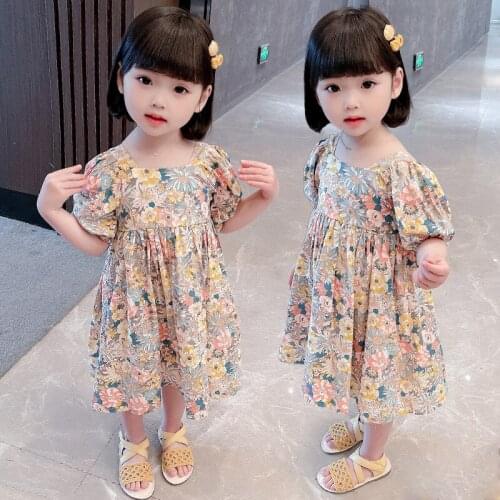 Children Clothing Summer Hot-Selling Children Girls Skirt Pastoral Style Back Strap Printed Puff Sleeve Dress Baby Kids Clothes