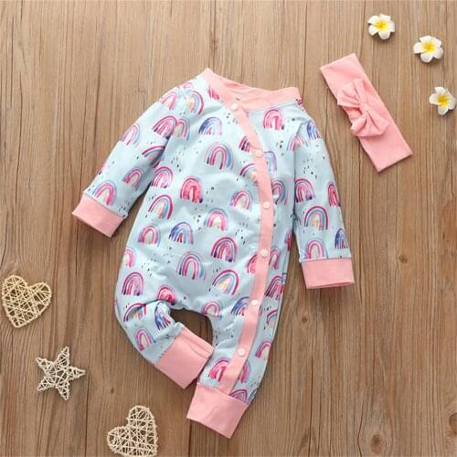 Infant Baby Boys Girls Romper Playsuit Long Sleeve Cartoon Rainbow Printed Fly Sleeve Toddler Kids Romper Jumpsuit Clothes 3-18m