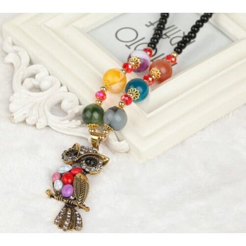 FYSL Light Yellow Gold Color Wisdom Owl with Many Turquoises Stone Pendant Long Beads Chain Necklace Animal Jewelry