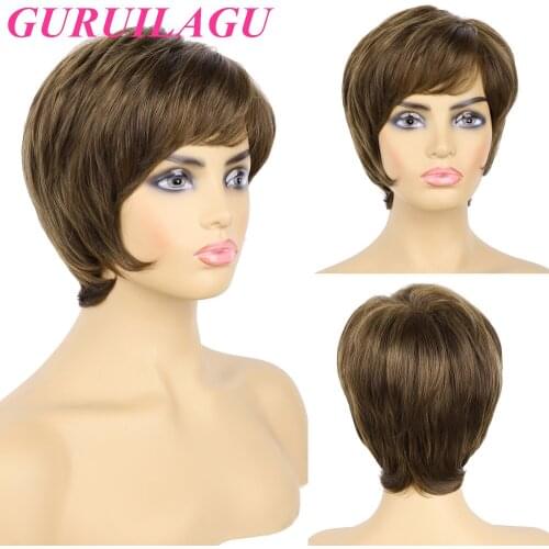 GURUILAGU Short Wigs for Women Natural Synthetic Hair Straight Wig With Bangs Mixed Brown Wig Daily Wear Heat Resistant Fiber