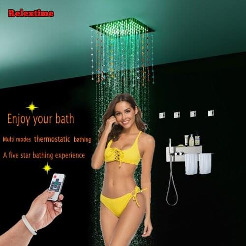 Crystal Decoration LED Luxury Ceiling Shower Head Concealed thermostatic Shower Panel Shower Faucet Tap Towel Shelf Massage Jets