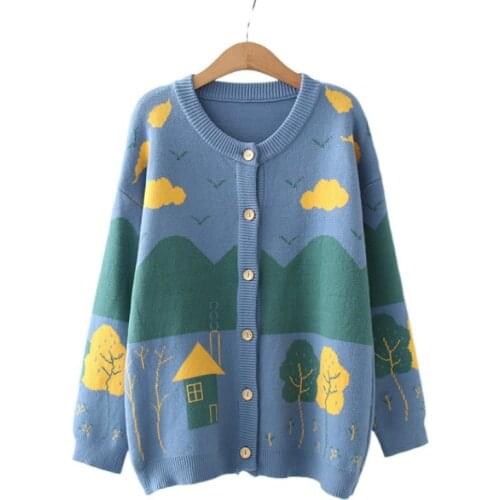 Women Knitted Cardigan O Neck Cartoon Print Single-breasted Casual Sweater 2020 Winter Sweet Style Warm Pullover Clothes