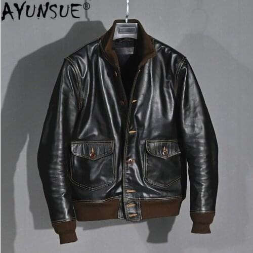 AYUNSUE Genuine Leather Jacket Men Vintage 100% Cow Jacket Spring Autumn Real Leather Coat Men Clothes Flight Jackets KJ4713