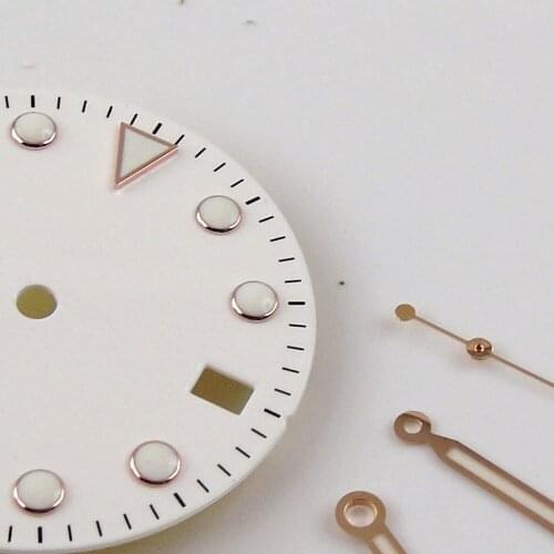 Nologo 28.5mm White Watch Dial fit NH35A Rose Gold Coated Hand Needles Set Luminous Marks