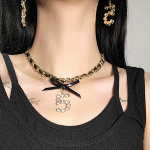 Black Gold Rhinestone Number 5 Pendant Bow Choker Necklace for Women Luxury Double-Layer Neckband Clavicle Chain Collar Necklace