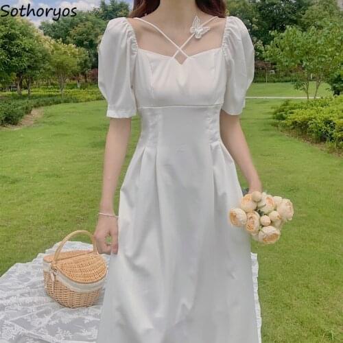 Women Mid-calf Dresses Puff Sleeve Fairy Vestidos Pleated Elegant Tender Solid Bandage Butterfly Decoration Temperament Retro