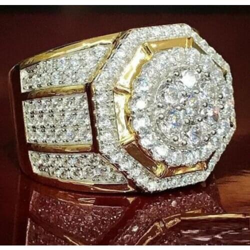 Luxury Gold Plated Sparkling Men Ring Iced Out Zircon Cocktail Party Men Womens Wedding Ring Biker Finger Ring Hip Hop Jewelry