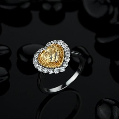 Luxury 925 Sterling Silver Yellow High Carbon Diamond Heart Halo Rings for Women Fine Jewelry Love Heart Promise Wife Ring Gift