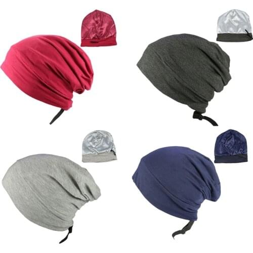Satin Lined Sleep Cap Hair Cover Bonnet Adjustable Elastic Silky Slouchy Skull Beanie Solid Color Night Sleeping Hat