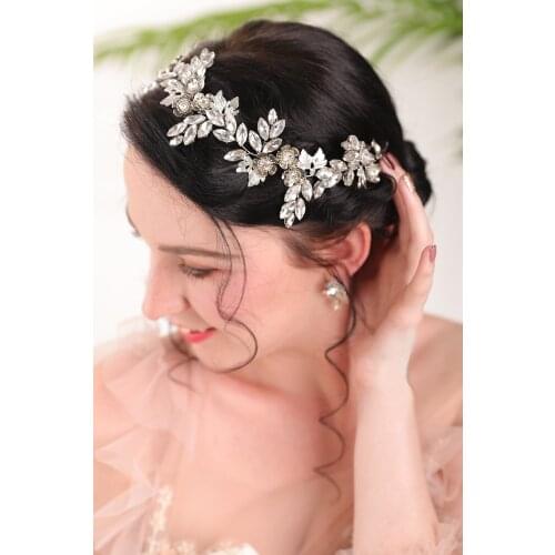 Chic Rhinestones Silver metal Flower crown and earrings women Vintage set of wedding Headwear Bridal Accessories Hair band vine