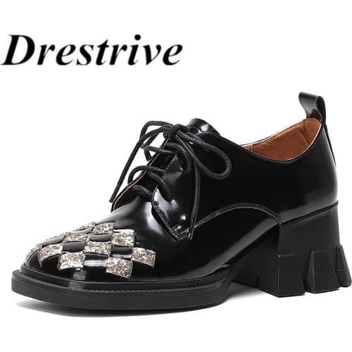 Drestrive Women Pumps Cow Leather Lace Up Square Toe Thick Heels Full Genuine Leather Checkered Black 2021 Spring Shoes