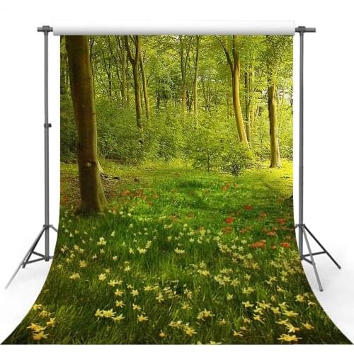Vinyl Photography Backdrop Spring Season Green Lawn Forest Wildflower Tree Landscape Decor Children Background Photo Studio