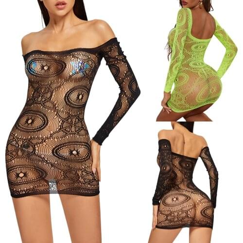 Ladies Summer Sexy Nightwear, Women Fashionable Hollow Perspective Mesh Long Sleeve Backless Short Hip Skirt Nightdress