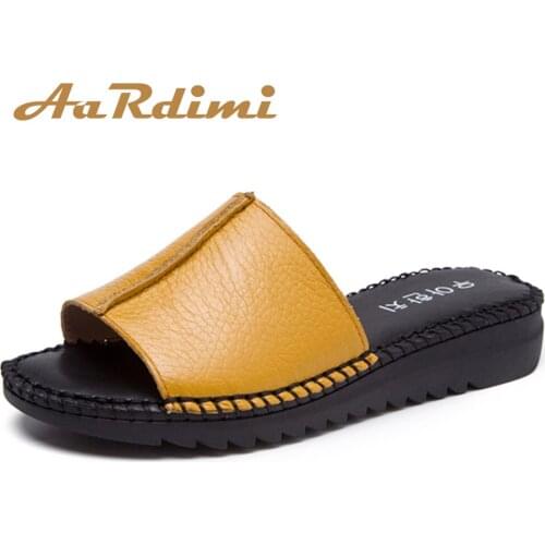 AARDIMI 2018 Handmade Genuine Leather Women Slippers Classics Summer Slip On Shoes Women flip flops Retro Sewing Female Slippers