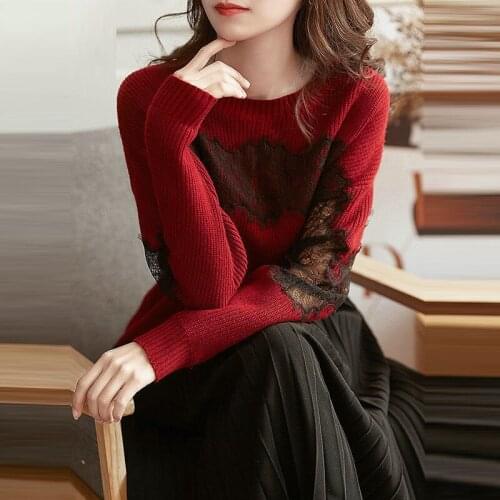 Spring Fall Womens Female Full Sleeve Lace Patchwork Wine Red Knitted Sweater , Sweet Casual Korean Knitting Sweaters for Women