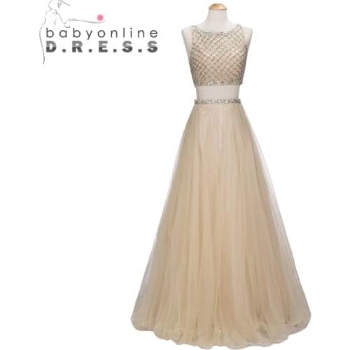 Two Pieces Set Charming Prom Dresses Long O Neck Heavy Beaded Pearls Prom Dresses Crop Top Party Dress Vestido De Festa Longo