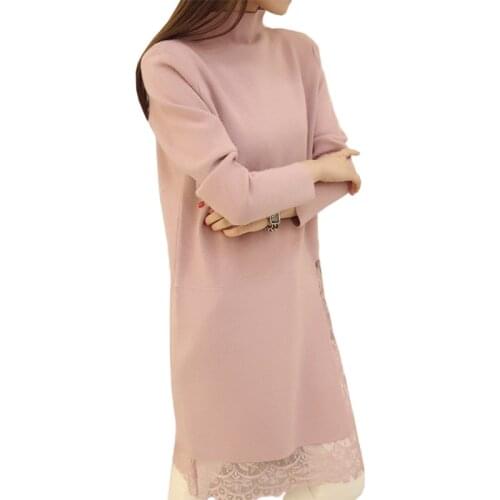 2021 Autumn Winter Sweater Women Dress Long Lace Stitching Split Pullover Bottoming Sweaters Dresses Clothing Vestidos MMY402
