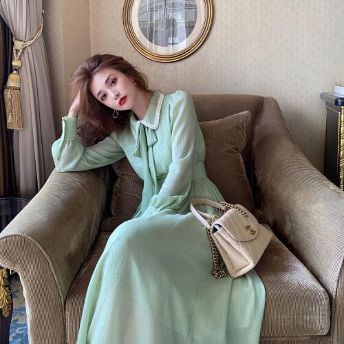Woman Dresses Season Green Pearl Lace Long-Sleeved Dress Vestido De Mujer Femme Robe