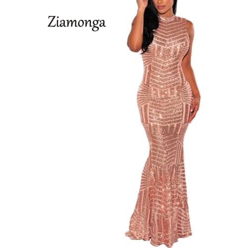 Ziamonga Gold Sequin Mermaid Women Dresses High End O Neck Sleeveless Long Women Dress Vestidos De Festa Floor Length Maxi Dress