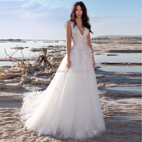 A Line Sequined Applique Wedding Dresses Sexy V Neck Backless Boho Wedding Gowns For Brides 2020 Floor Length Vestidos de Festa