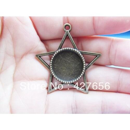 10pcs Antique Silver/Bronze Five Pointed Star Round Base Setting Tray Bezel Pendant Charm/Finding,Fit 18mm Cabochon/Cameo