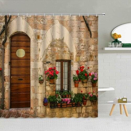 Antique Brick Wall Shower Curtain Window Flowers Rose Wooden Door Green Vine Fabric Bathroom Supplies Cloth Curtains With Hooks