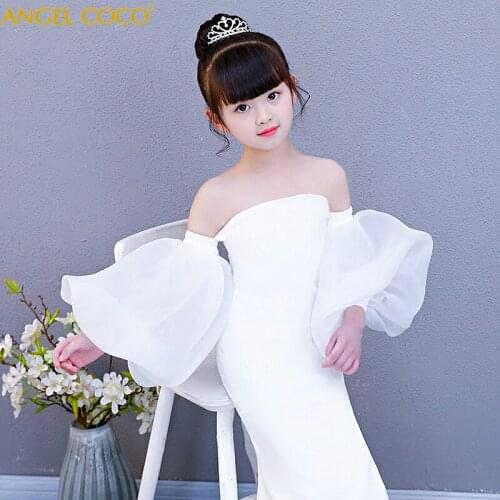 White Halter Flower Girl Child Models Catwalk Slim Mermaid Evening Dress T Stage Fashion Show Clothes Carnival Costume For Kids