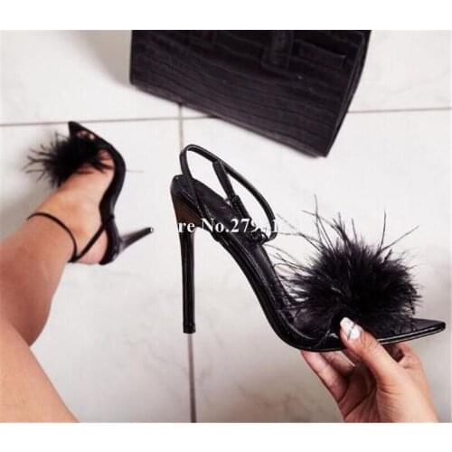 Women Charming Fashion Pointed Open Toe Fur Decorated Stiletto Heel Sandals Black Red Fringes High Heel Sandals Dress Heels Shoe