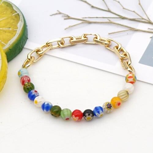 Go2Boho Gold Color Link Bracelet Stainless Steel Chain Metal Bracelets Summer Jewelry For Women Fashion Glass Beads Pulseras
