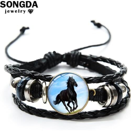 SONGDA Gentle Animal Horse Art Photo Glass Dome Bracelet High Quality Braided PU Leather Bracelet Men Wristband Vintage Jewelry