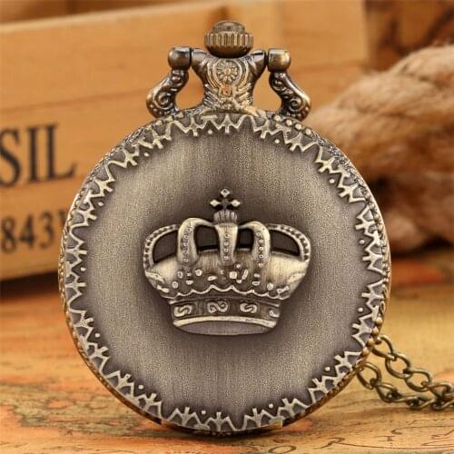 Crown Display Bronze Necklace Pendant Pocket Watch Sweater Chain Pocket Clock Collection Antique Watches Gifts Men Women Kids