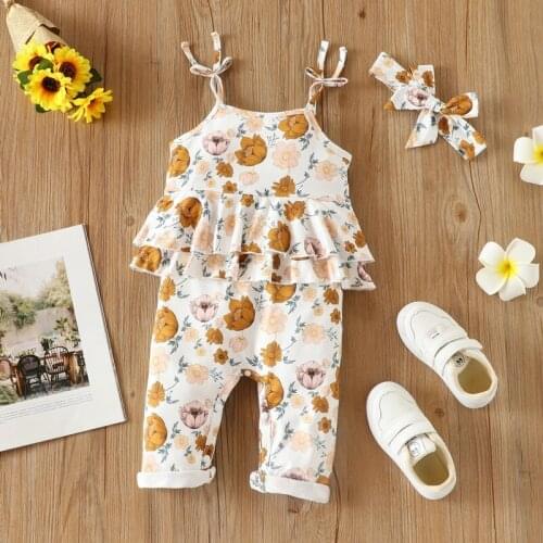 Baby Clothes Girl Cotton Baby Girl Rompers 2 Pcs Flower Print Sleeveless Baby Jumpsuit+headband Casual Baby Rompers Summer 0-18M