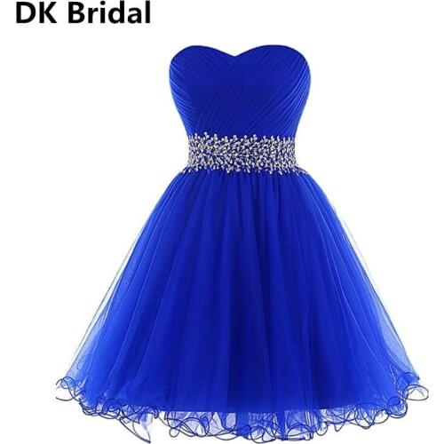 Elegant 2019 Royal Blue Tulle Beads Short Prom Dresses Sweetheart Neck Sleeveless Ball Gown Vestidos De Gala In Stock