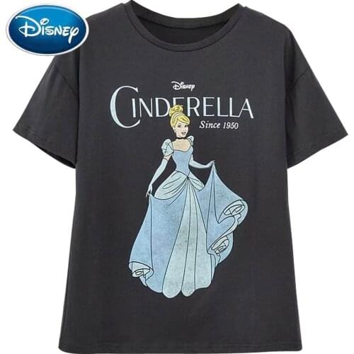 Disney T-Shirt Fashion Cinderella Princess Letter Cartoon Print Women T-Shirt O-Neck Short Sleeve Casual Cotton Tee Tops Female