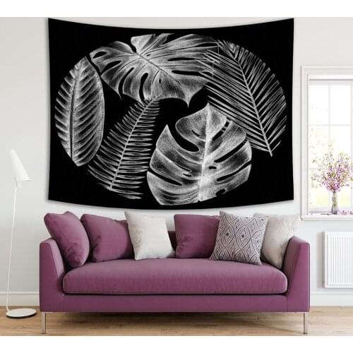 Tapestry Tropical Palm Leaves in Circle Pencil Drawing Sketch Modern Artwork on Dark Background Black Gray
