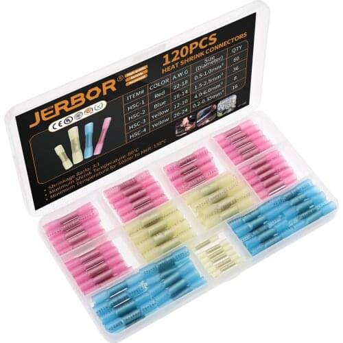 120PCS Heat Shrink Butt Connectors Kit, Jerbor Wire Connectors Insulated Waterproof Marine Automotive Grade Terminal Set