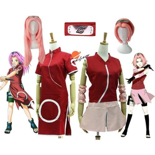 Anime Haruno Sakura Cosplay Costume 1st 2nd Generation Pink Wig Dress Skirt Head Band Halloween Christmas Party Suit