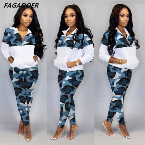 FAGADOER Camouflage Sport Two Piece Outfits Women Zipper Sweatshirts Top+Slim Pant Set New Autumn Winter Casual Tracksuits 2021
