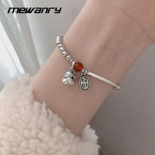 MEWANRY 925 Sterling Silver Splicing Chain Bracelets 2021 Trendy Elegant Creative Cute Cat Red Bead Party Jewelry Birthday Gift