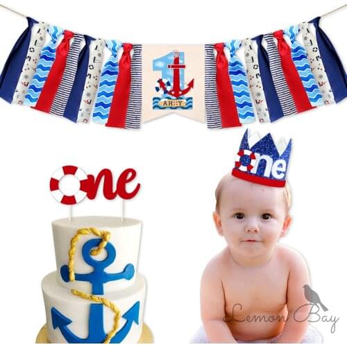 Ocean Theme First Baby Birthday Decoration High Chair Banner Birthday Party Dining Chair Pull Flag Supplies Happy Birthday Linen