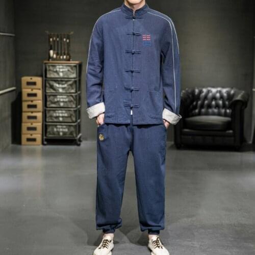 Male Two Piece Set Chinese Style Mens Tops Tang Suit Linen Long Sleeve Traditional Kung Fu Clothes Men Hanfu Coat +Pants 31039