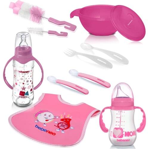 Feeding bottle set for baby - 10 pieces - Bib, Baby food bowl, Baby bottle and drinker, Silicone spoon, pp fork MADE IN TURKEY