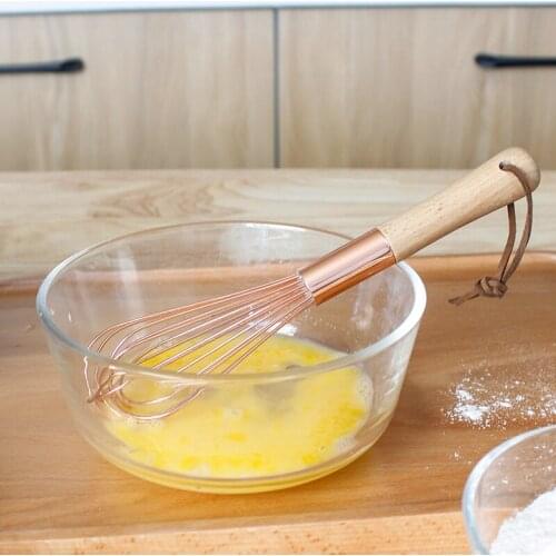 Stainless steel rose gold egg beater with manual wooden handle and dough mixer handheld creamy egg beater